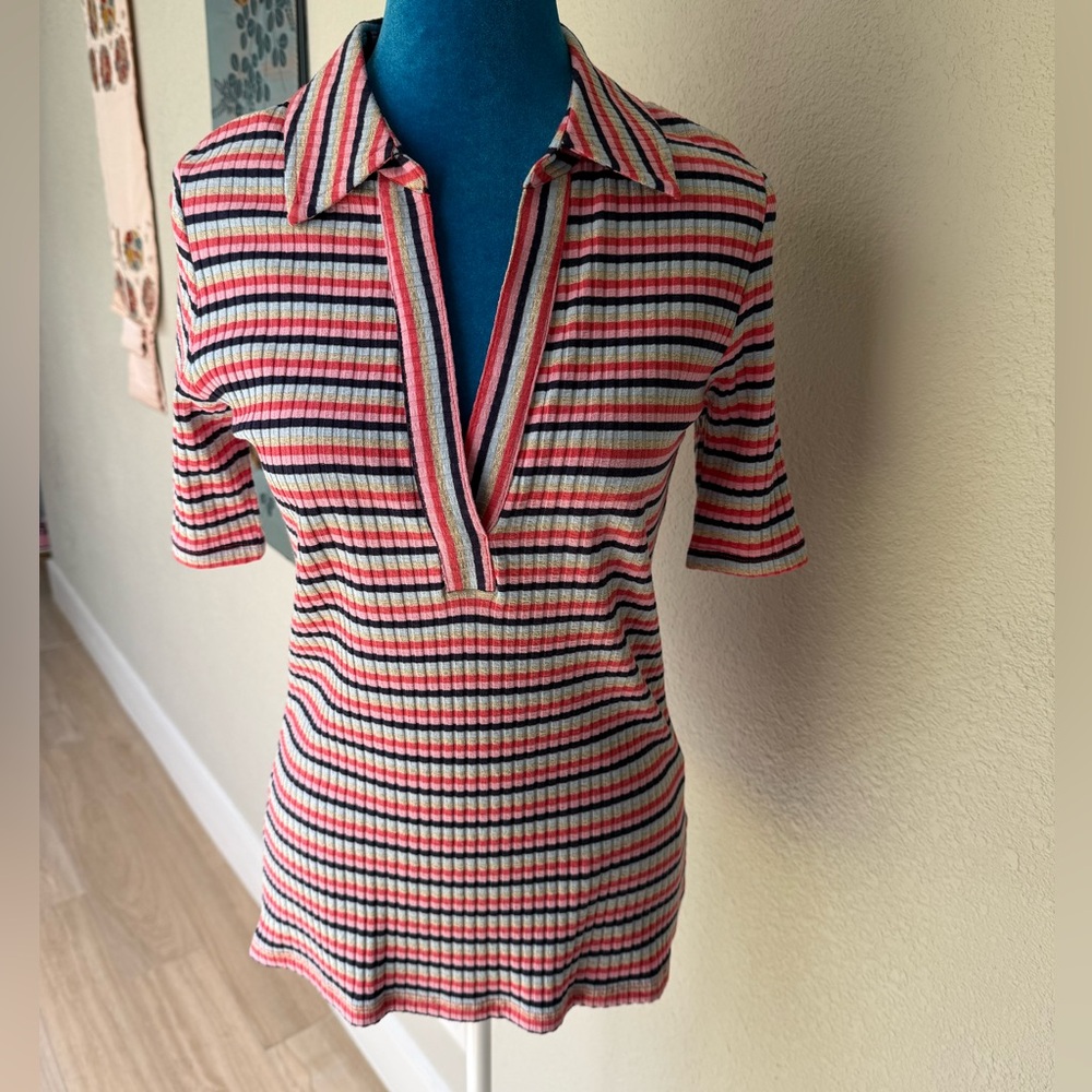 Trina Turk Multicolor Striped V-Neck Collared Stretch Top